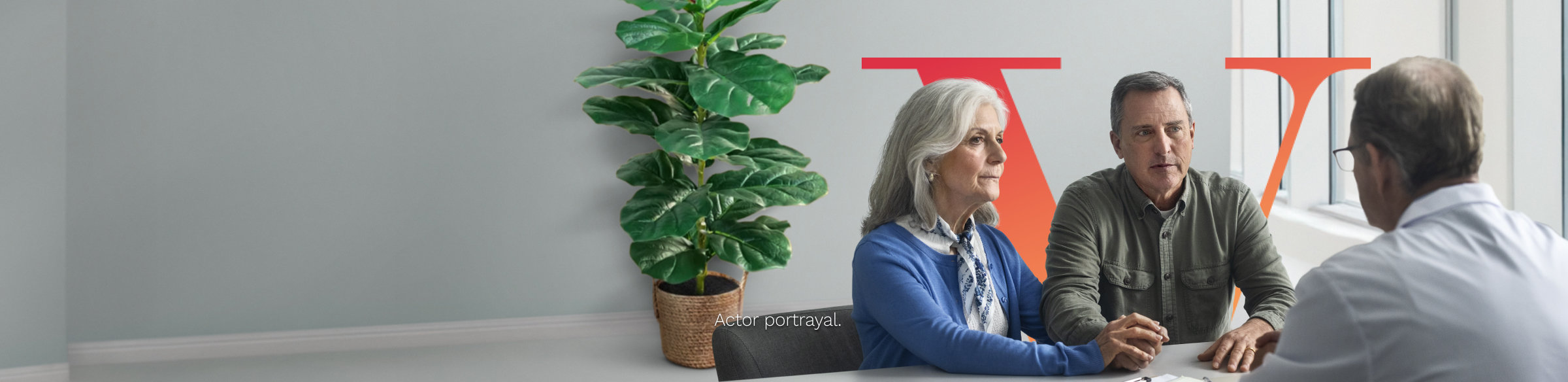 Couple talking to their doctor, with Pluvicto V in the background