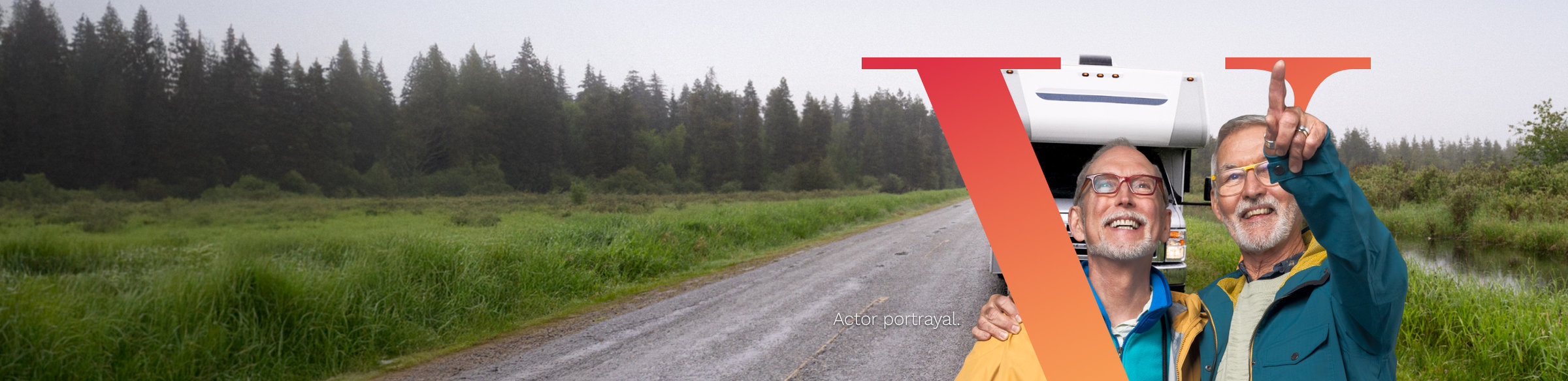 Two men looking up at the sky in front of their RV, with the Pluvicto V