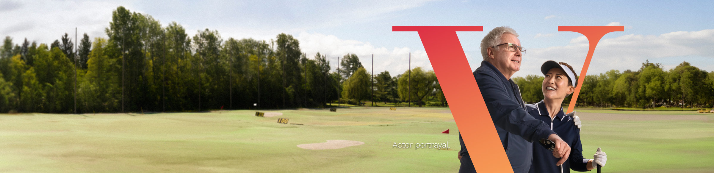 Couple standing on a golf course, holding golf clubs, with PLUVICTO V