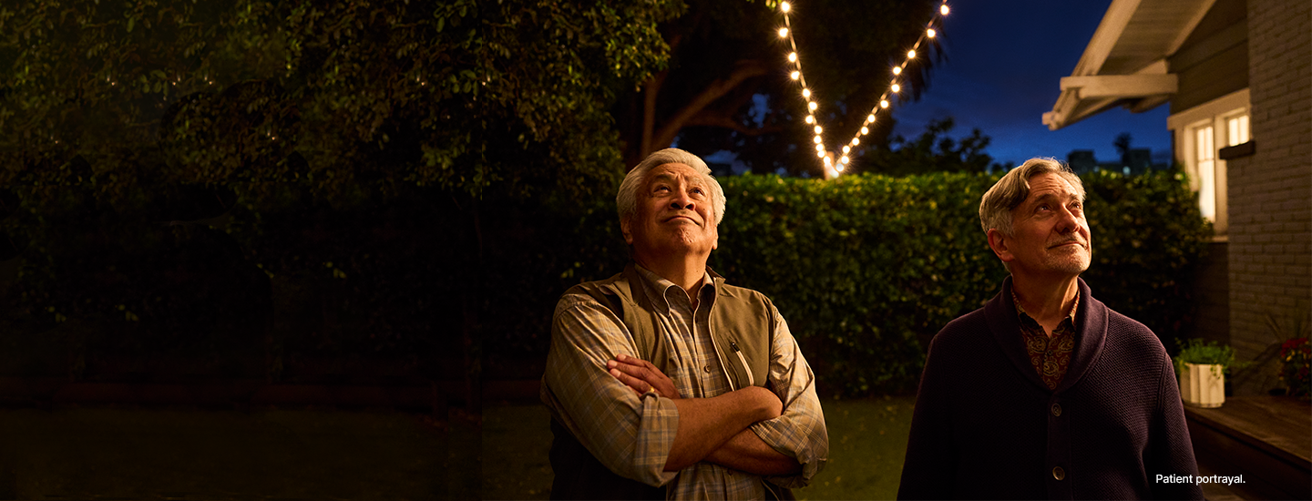 Two men looking at string lights