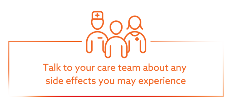 Graphic featuring three health care practitioners, reading Talk to your care team about any side effects you may experience