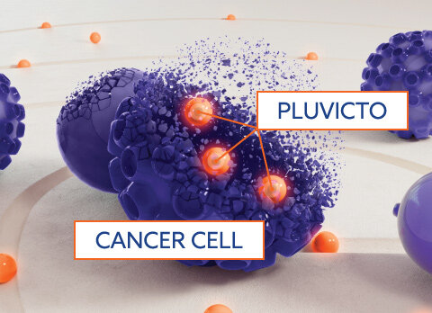 PLUVICTO destroying a PSMA+ prostate cancer cell.
